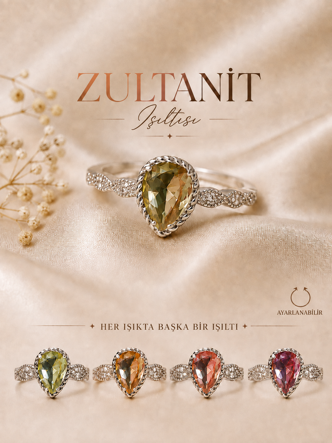 Zultanit Işıltılı Renk Değiştiren Yüzük | Damla Kesim | Ayarlanabilir | Anneye Sevgiliye Hediye
