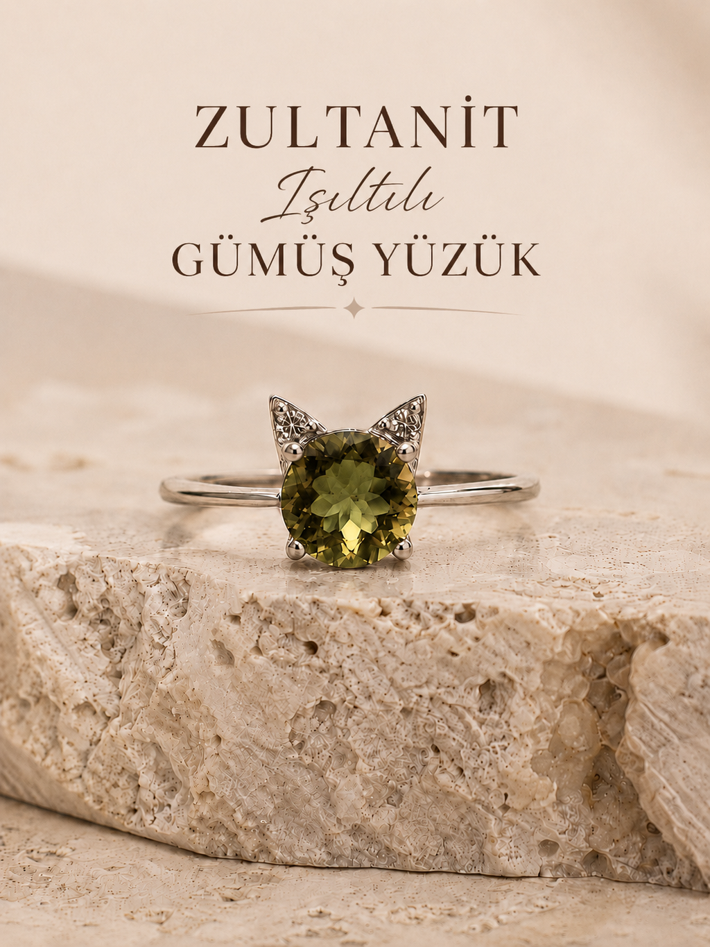 925 Ayar Gümüş Zultanit Işıltılı Kedi Yüzük | Sevgiliye Anneye Hediye | Renk Değiştiren Sultan Taşı