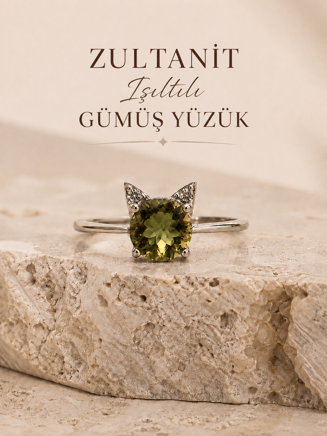 925 Ayar Gümüş Zultanit Işıltılı Kedi Yüzük | Sevgiliye Anneye Hediye | Renk Değiştiren Sultan Taşı