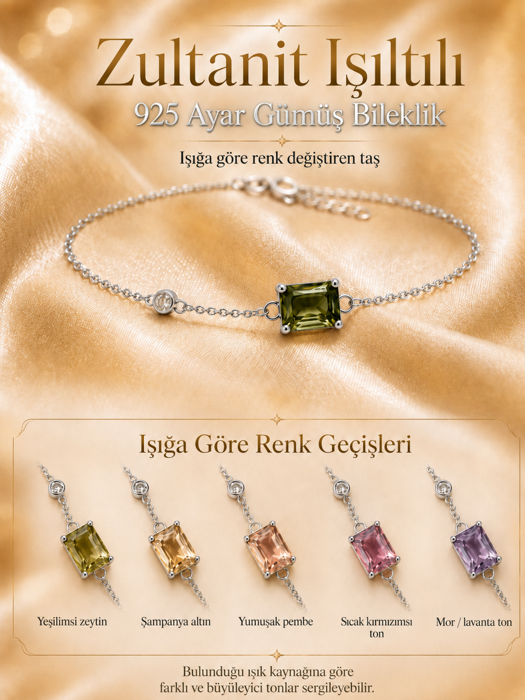 925 Ayar Gümüş Zultanit Işıltılı Bileklik | Renk Değiştiren Sultan Taşı | Sevgiliye Hediye | Zincir Bileklik