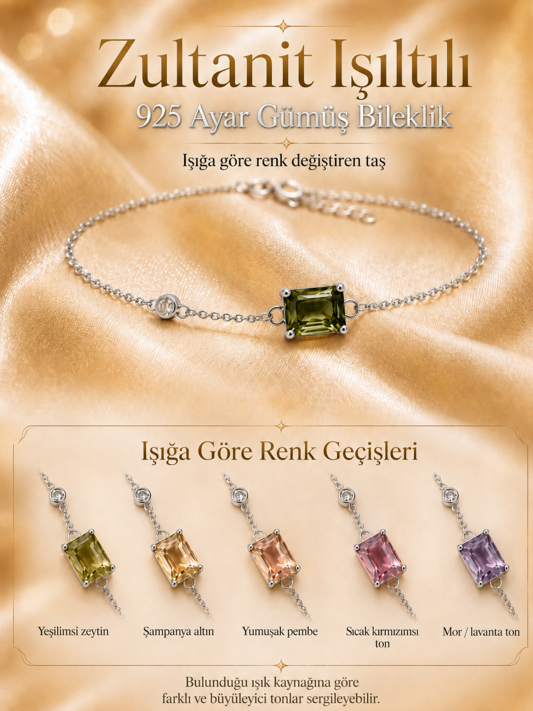 925 Ayar Gümüş Zultanit Işıltılı Bileklik | Renk Değiştiren Sultan Taşı | Sevgiliye Hediye | Zincir Bileklik