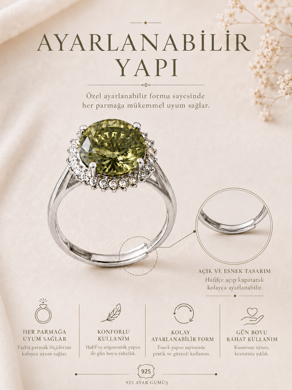 925 Ayar Gümüş Zultanit Taşlı Yüzük | Ayarlanabilir Oval Kesim Sultan Taşı Yüzük | Renk Değiştiren Yüzük