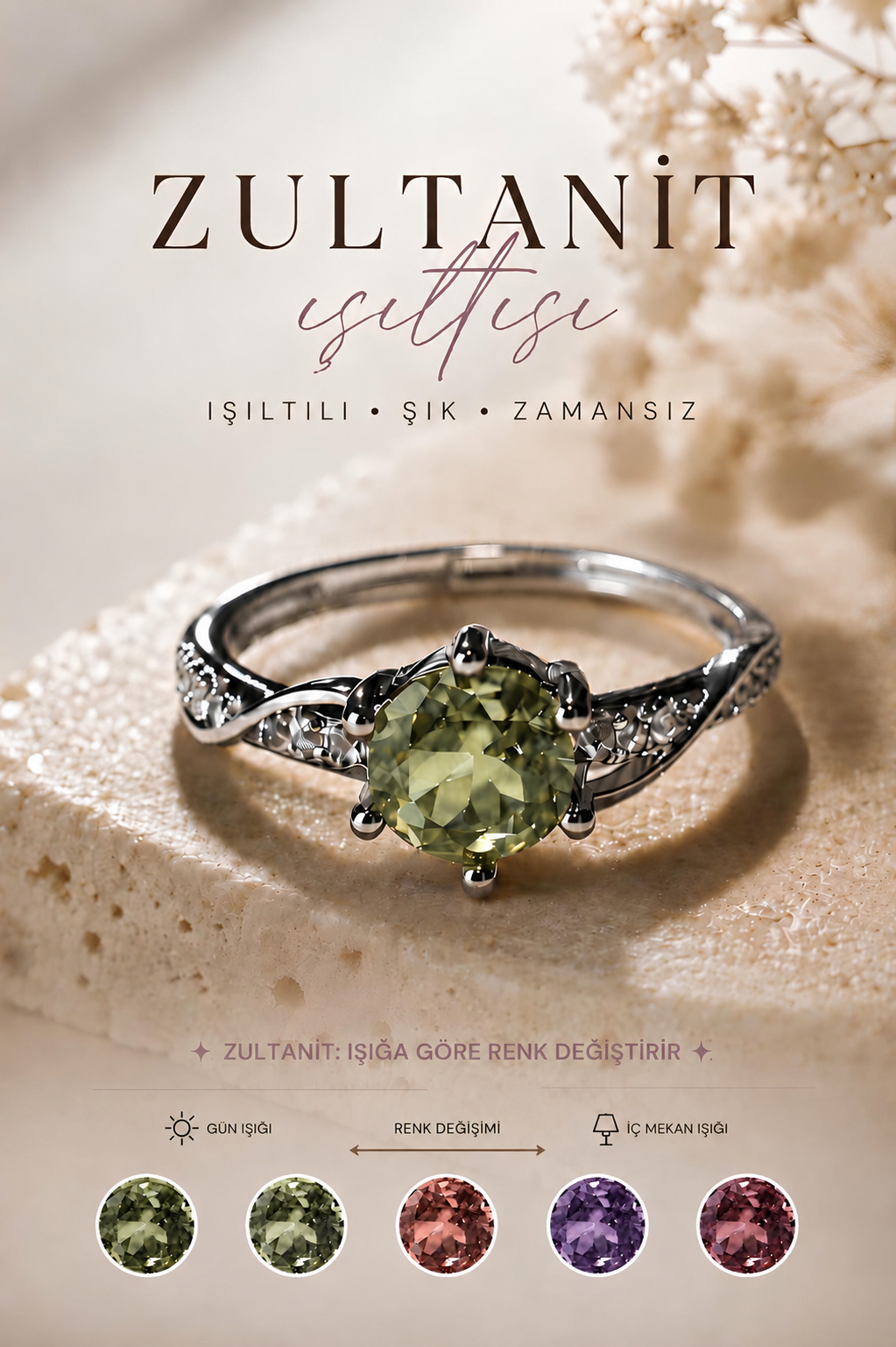 Zultanit Renk Değiştiren Yüzük - Ayarlanabilir Oval Kesim Premium Tasarım - Hediye Yüzük