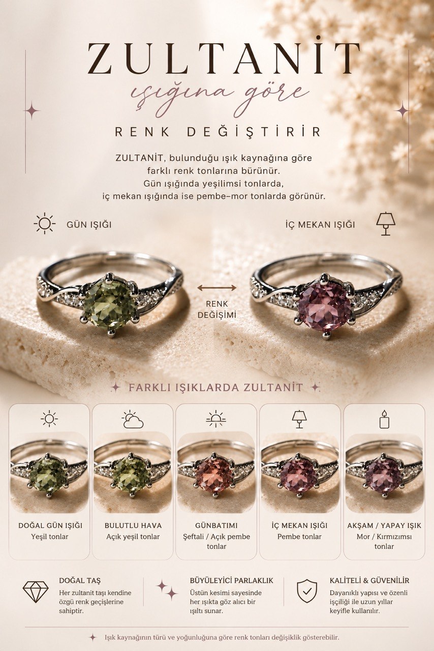 Zultanit Renk Değiştiren Yüzük - Ayarlanabilir Oval Kesim Premium Tasarım - Hediye Yüzük